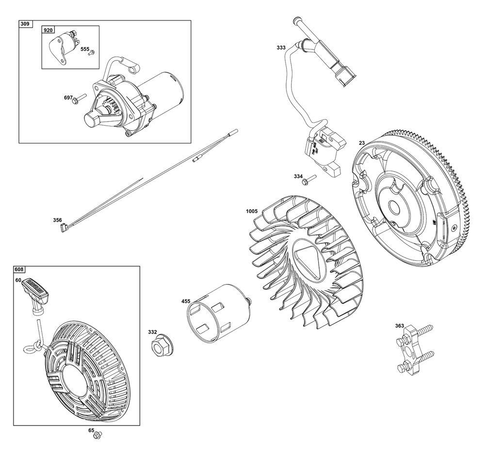 Flywheel, Ignition, And Starter Group Diagram and Parts List for 25V337-0065-G1  Briggs and Stratton Engine